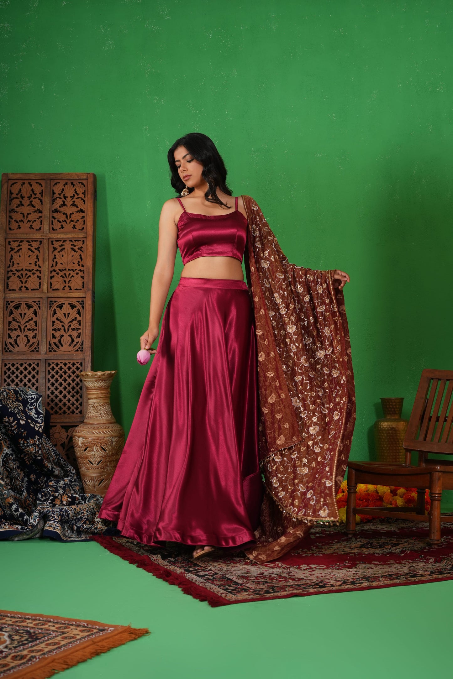 Deepmala – Deep Red Satin Co-ord Lehenga Set