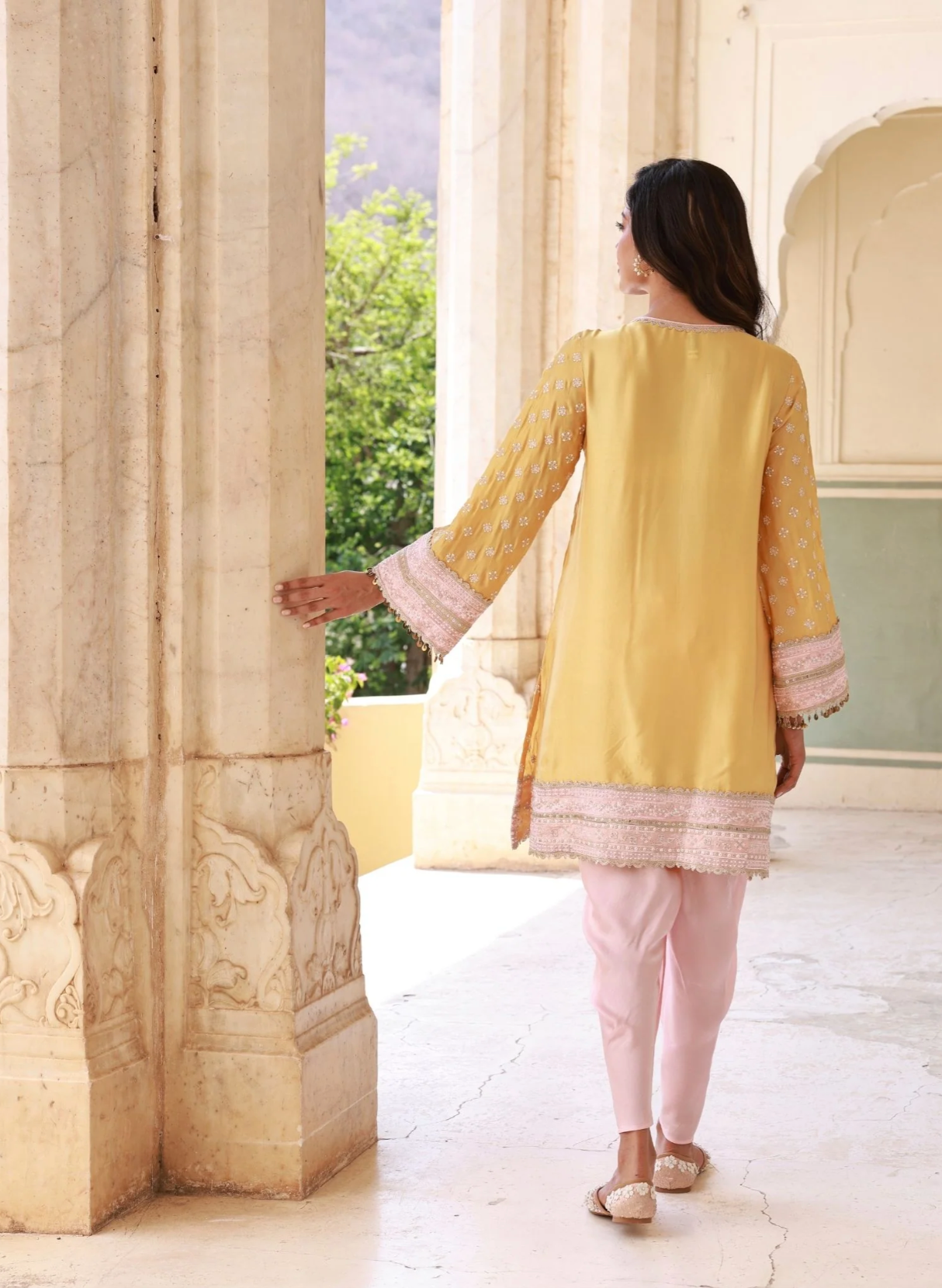 Survani Bemberg Satin Mustard Kurta With Pink Salwar