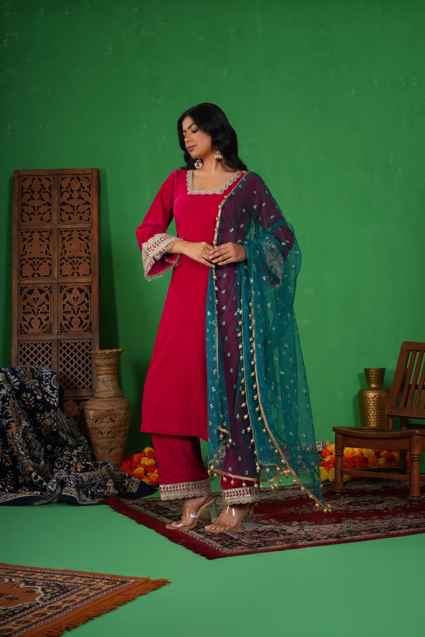 Gulabi Noor – Magenta Kurta Set with Teal Dupatta