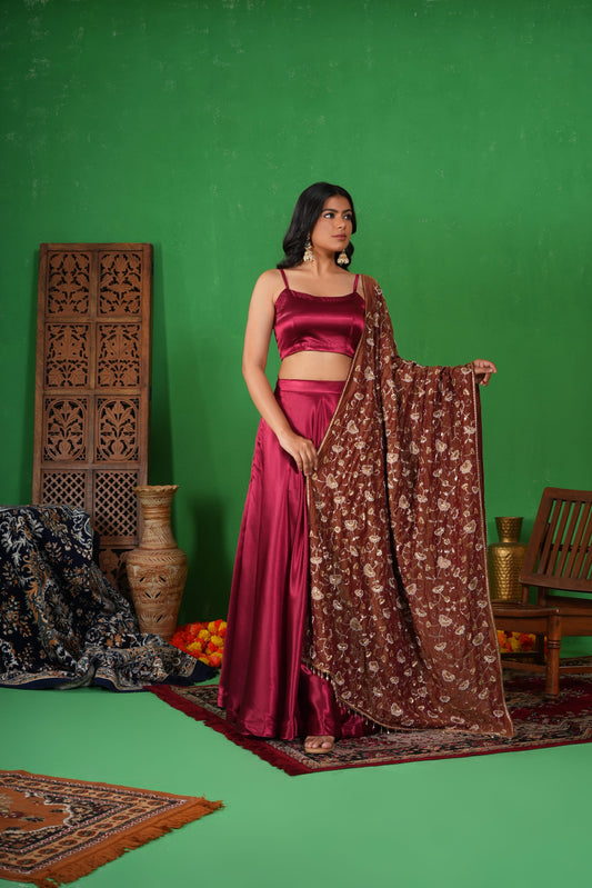 Deepmala – Deep Red Satin Co-ord Lehenga Set