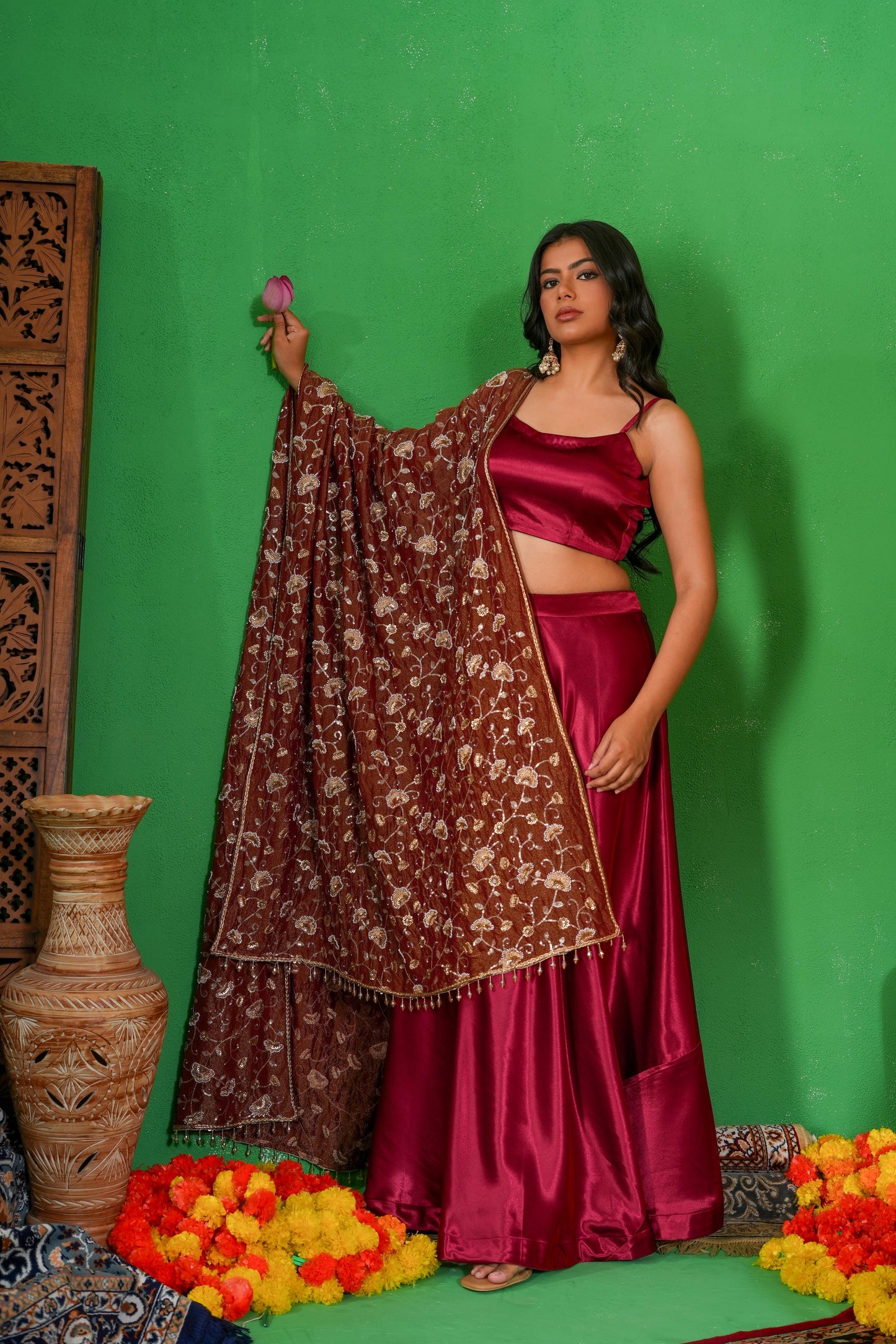 Deepmala – Deep Red Satin Co-ord Lehenga Set