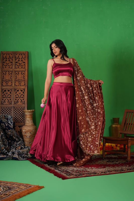 Deepmala – Deep Red Satin Co-ord Lehenga Set
