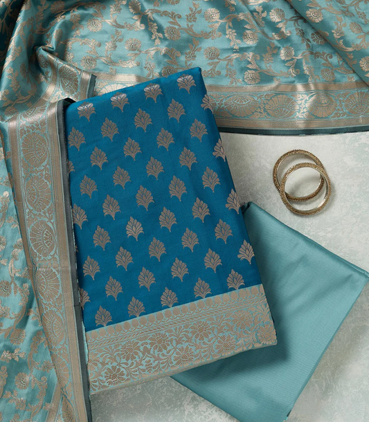 Turquoise Blue Zariwork (Gold) Banarasi Unstitched Salwar Suit