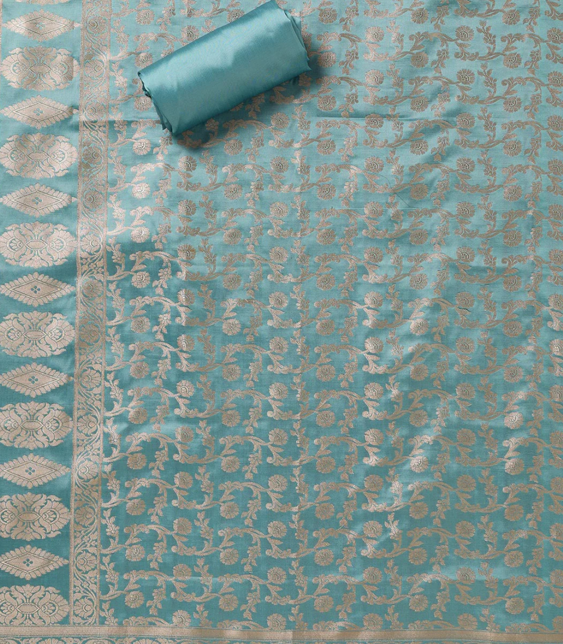 Turquoise Blue Zariwork (Gold) Banarasi Unstitched Salwar Suit
