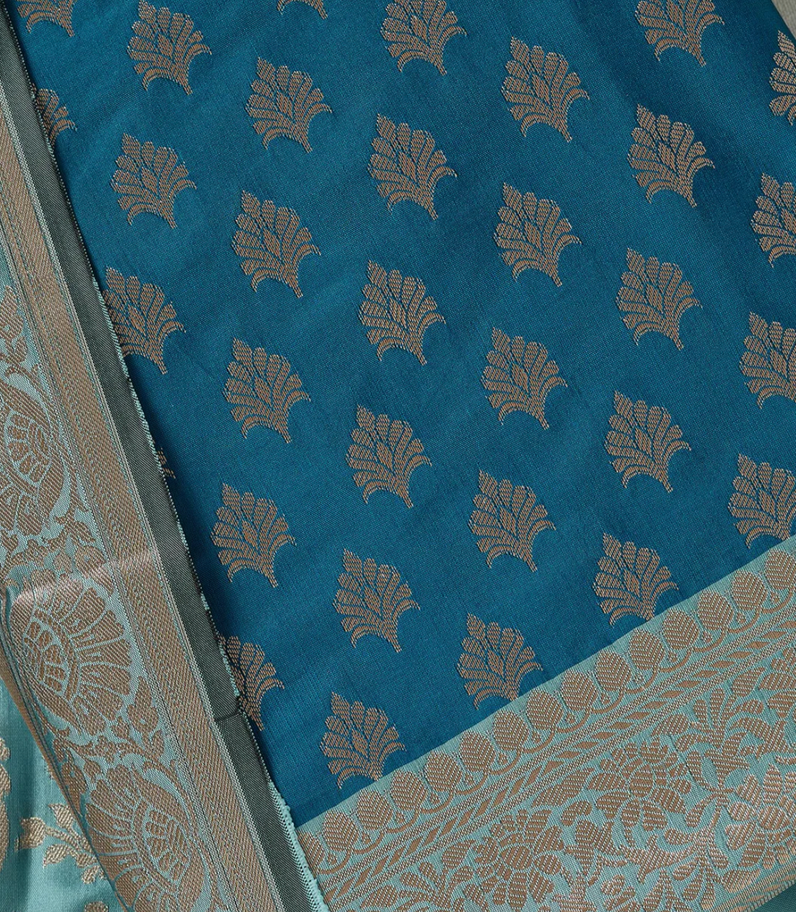 Turquoise Blue Zariwork (Gold) Banarasi Unstitched Salwar Suit