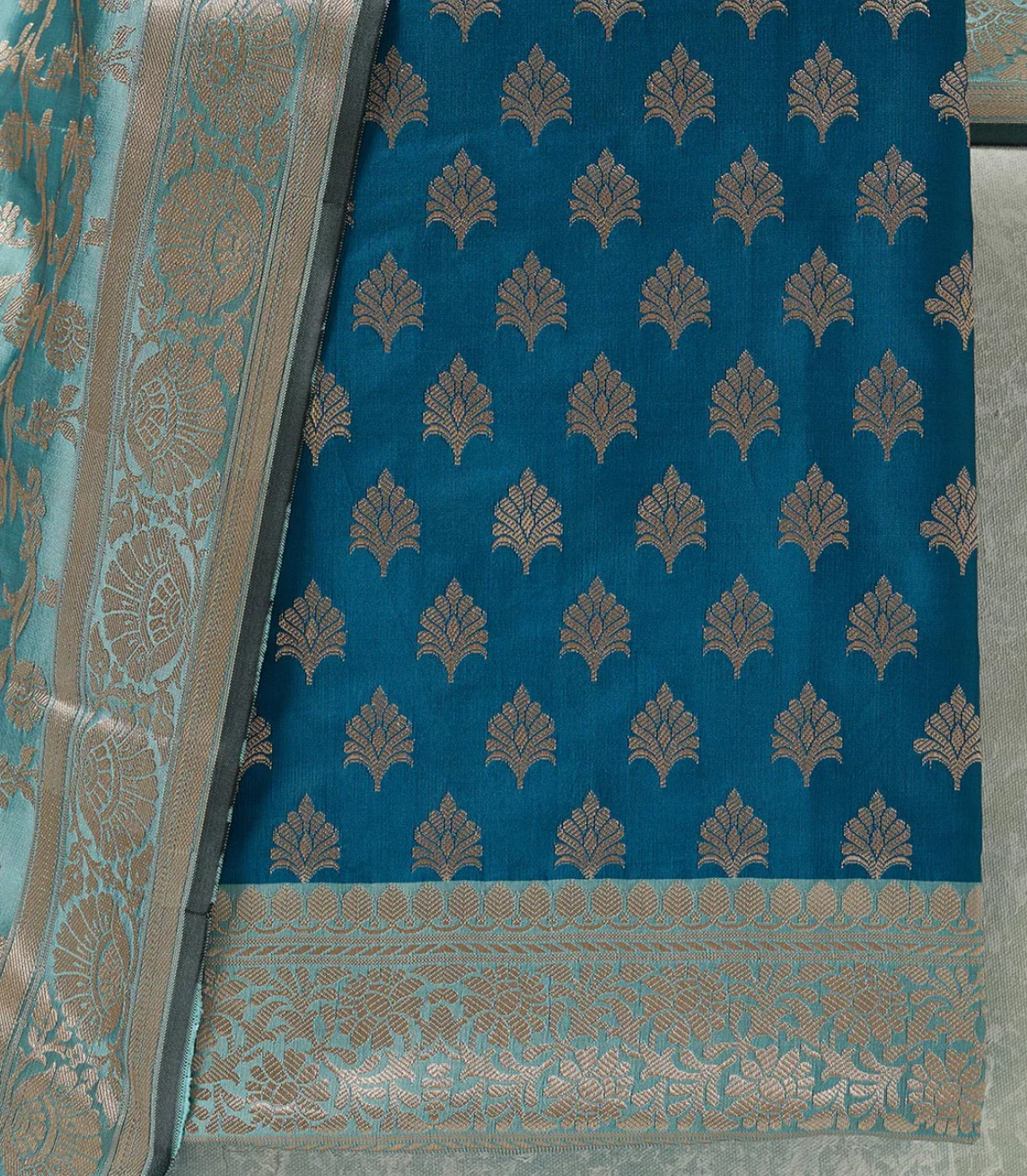 Turquoise Blue Zariwork (Gold) Banarasi Unstitched Salwar Suit