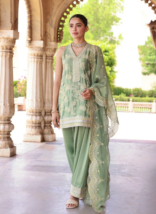 Jivara Bemberg Satin Sage Green Kurta Set
