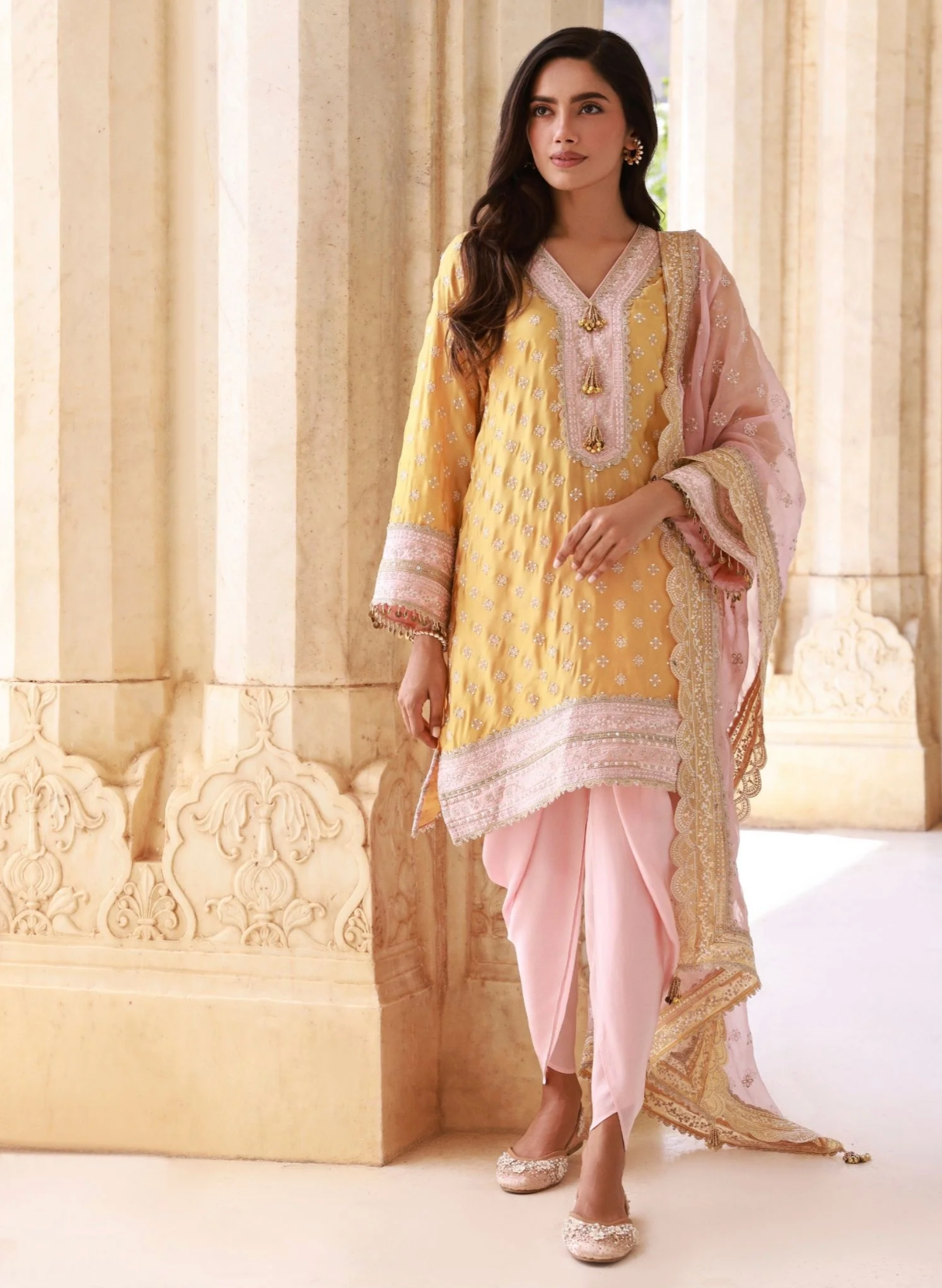 Survani Bemberg Satin Mustard Kurta With Pink Salwar